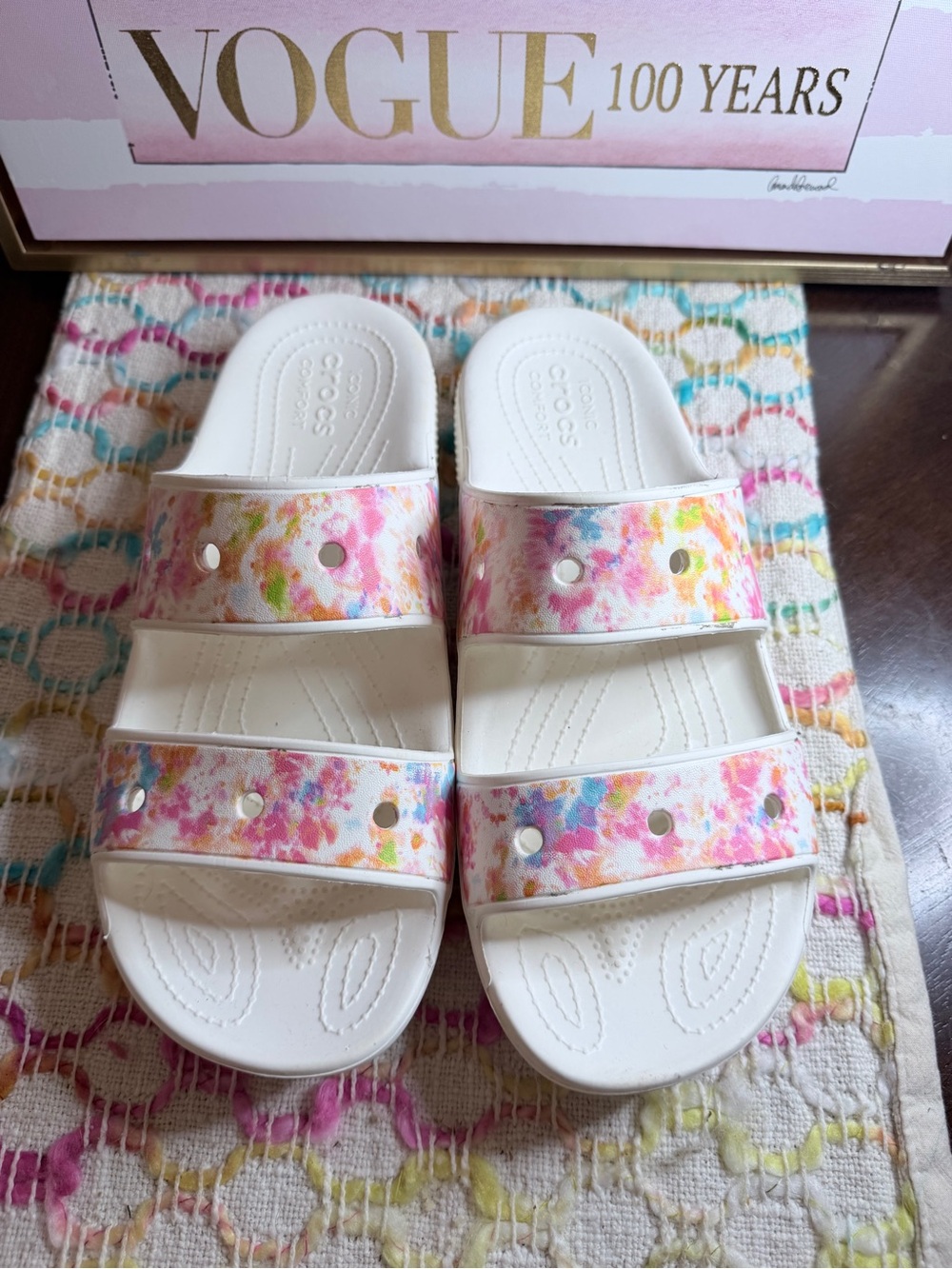 CROCS Kids White Sandals with Pink Multicolor Floral Straps
